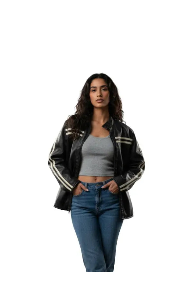 oversized cafe racer leather jacket with vintage biker inspired style