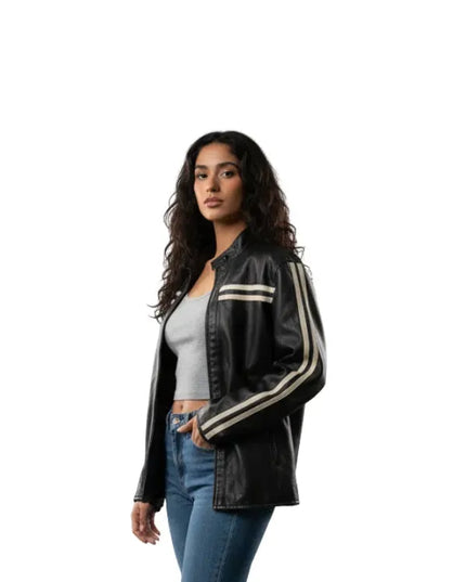 women 90s style black oversized biker leather jacket vintage fit