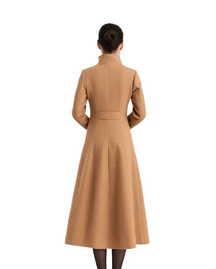 Women's Handmade A-Line Long Sleeves Real Wool Camel Brown Coat