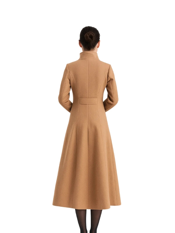 Women's Handmade A-Line Long Sleeves Real Wool Camel Brown Coat