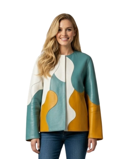 Woman wearing a colorful jacket with a white background