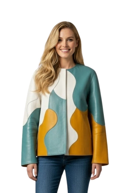 Woman wearing a colorful jacket with a white background