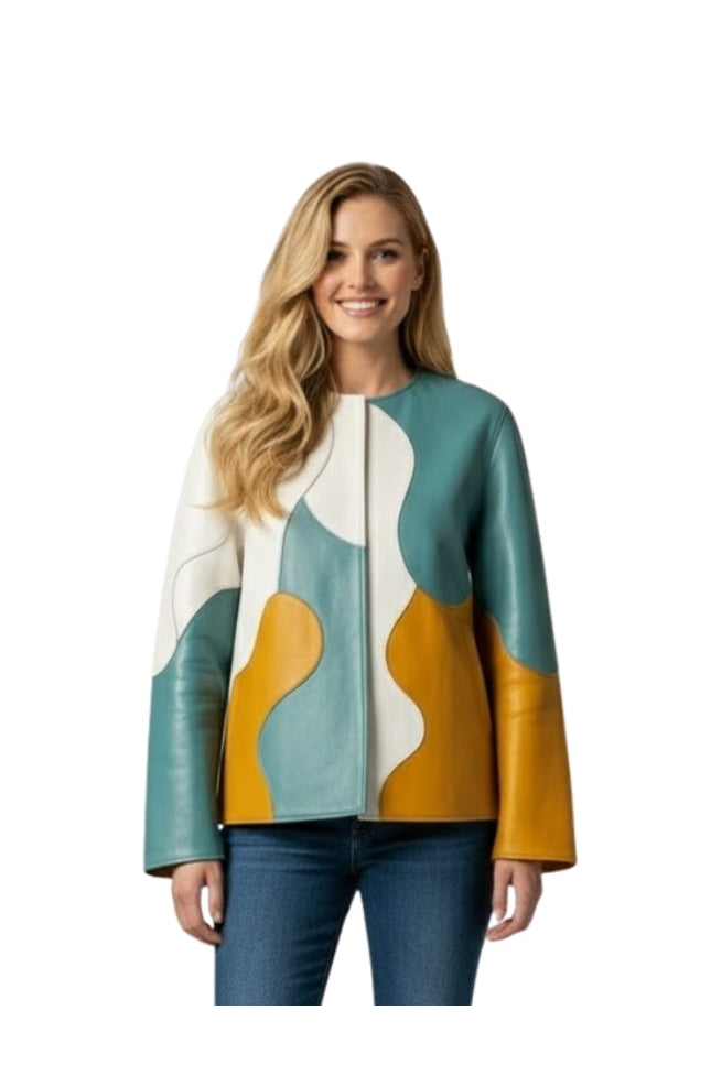 Woman wearing a colorful jacket with a white background