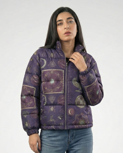 Woman wearing a purple patterned jacket on a white background
