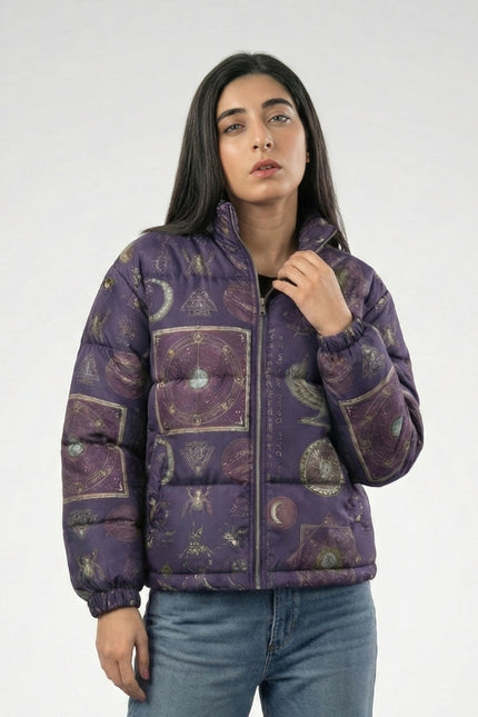 Woman wearing a purple patterned jacket on a white background