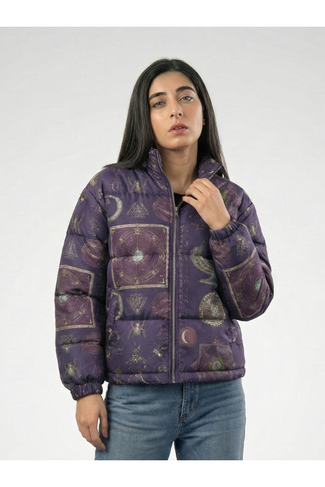 Woman wearing a purple patterned jacket on a white background