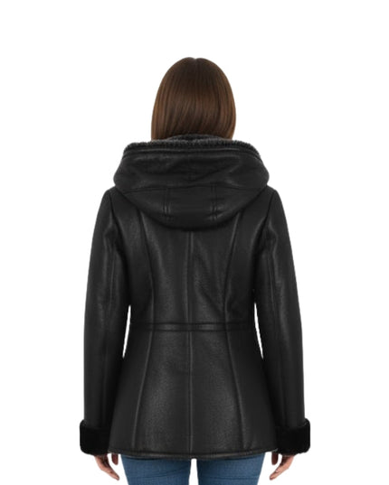 Black leather jacket with hood worn by a person on a white background