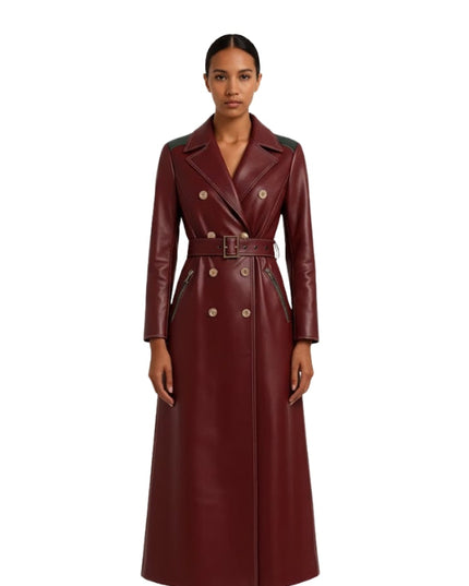 Women's Belted Double Breasted Burgundy Leather Trench Coat