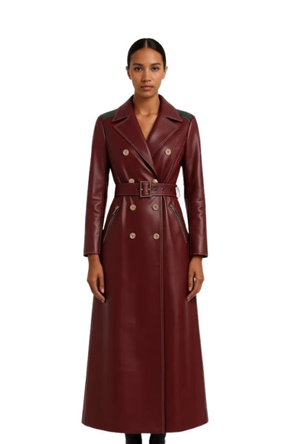 Women's Belted Double Breasted Burgundy Leather Trench Coat