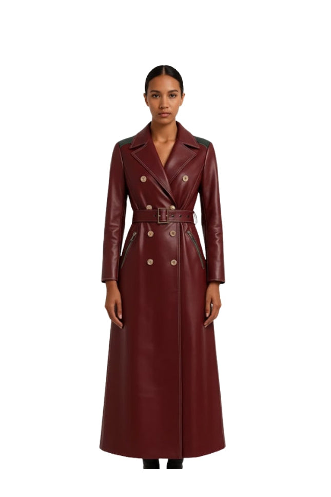 Women's Belted Double Breasted Burgundy Leather Trench Coat