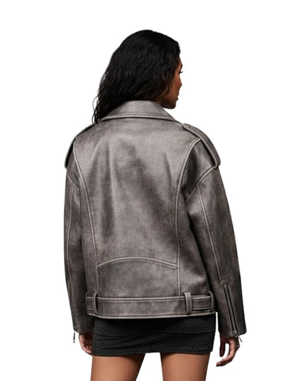 Person wearing a gray leather jacket on a white background