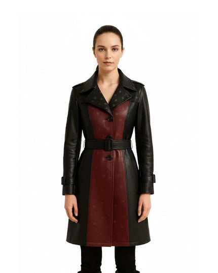  Women's Black & Maroon Leather Trench Coat