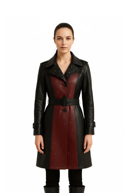  Women's Black & Maroon Leather Trench Coat