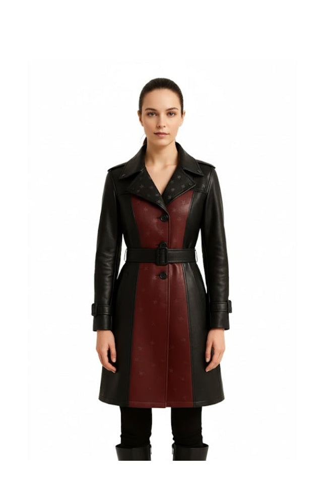  Women's Black & Maroon Leather Trench Coat