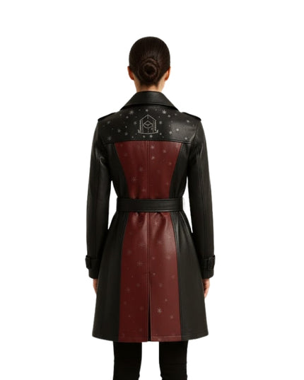 Women's Black & Maroon Leather Trench Long Coat