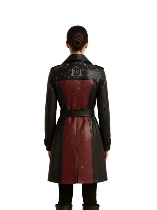 Women's Black & Maroon Leather Trench Long Coat