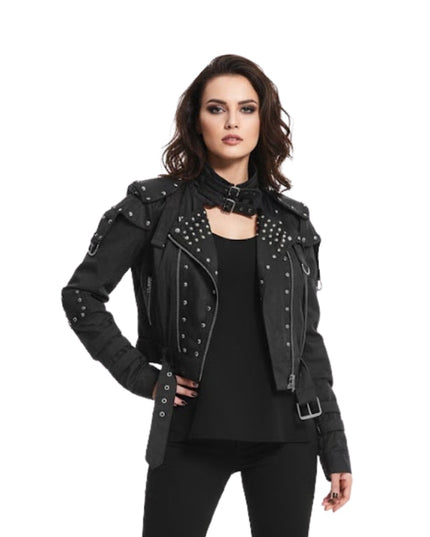 Woman wearing a black studded jacket on a white background