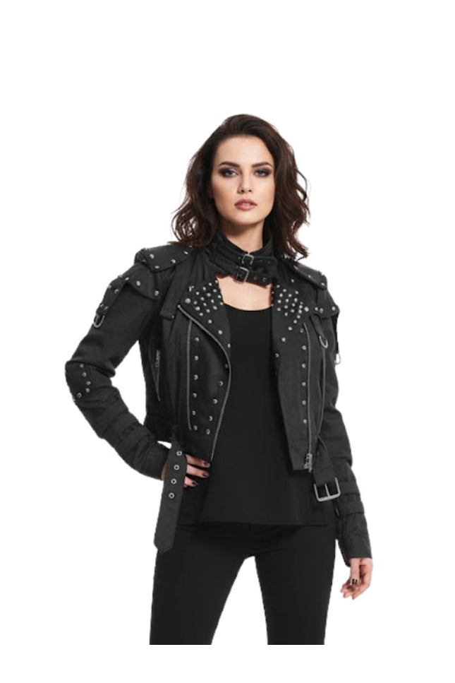 Woman wearing a black studded jacket on a white background