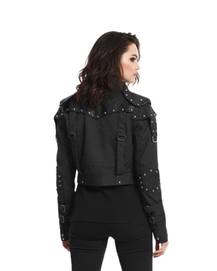 Black studded jacket worn by a model on a white background