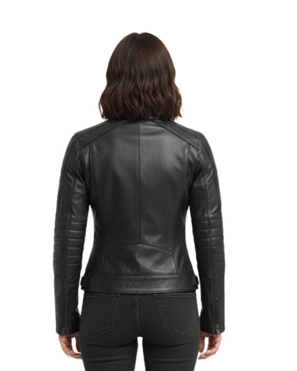 Black leather jacket worn by a person on a white background