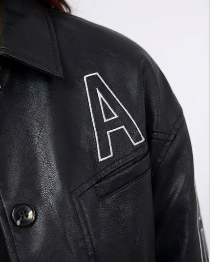 Black leather jacket with a large white letter 'A' on the back against a white background
