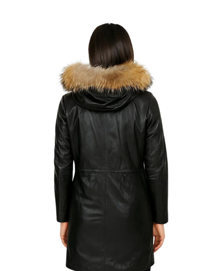 Women's Black Detachable Hood Real Fur Collar Puffer Long Coat