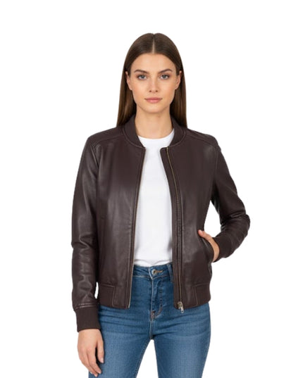 Woman wearing a brown leather jacket on a white background