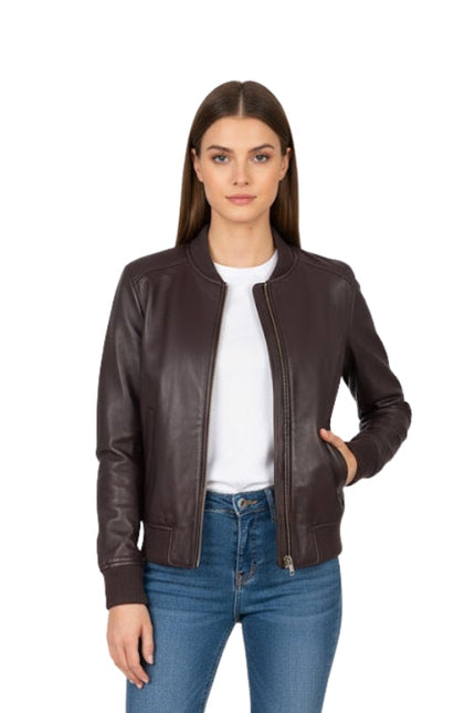 Woman wearing a brown leather jacket on a white background