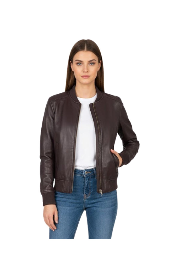 Woman wearing a brown leather jacket on a white background
