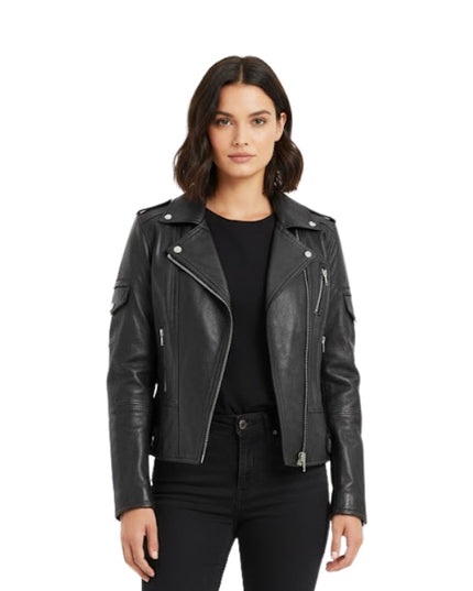 Woman wearing a black leather jacket on a white background