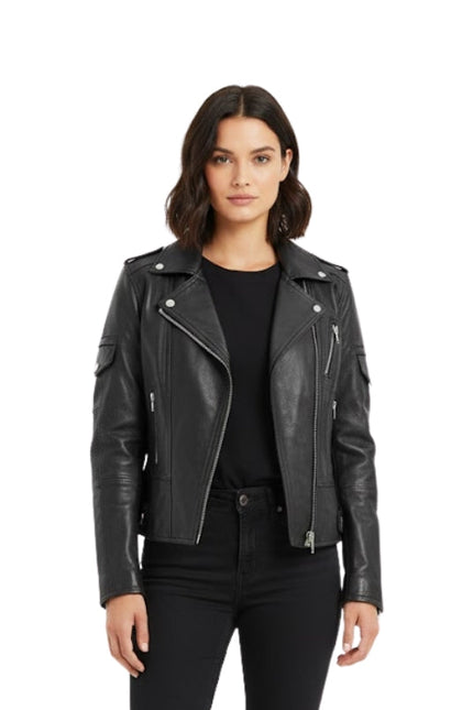 Woman wearing a black leather jacket on a white background