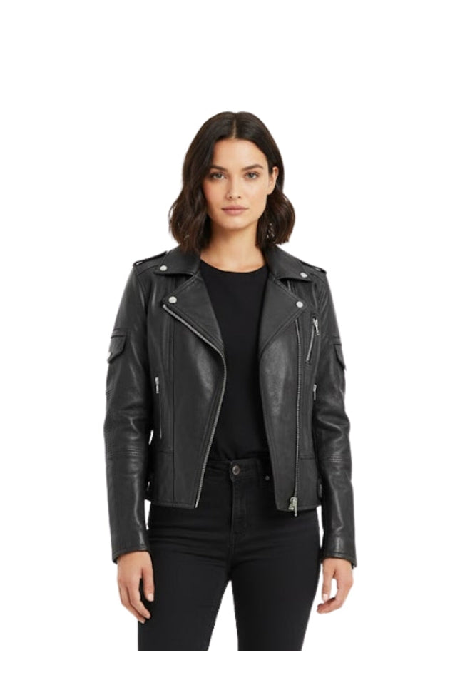 Woman wearing a black leather jacket on a white background