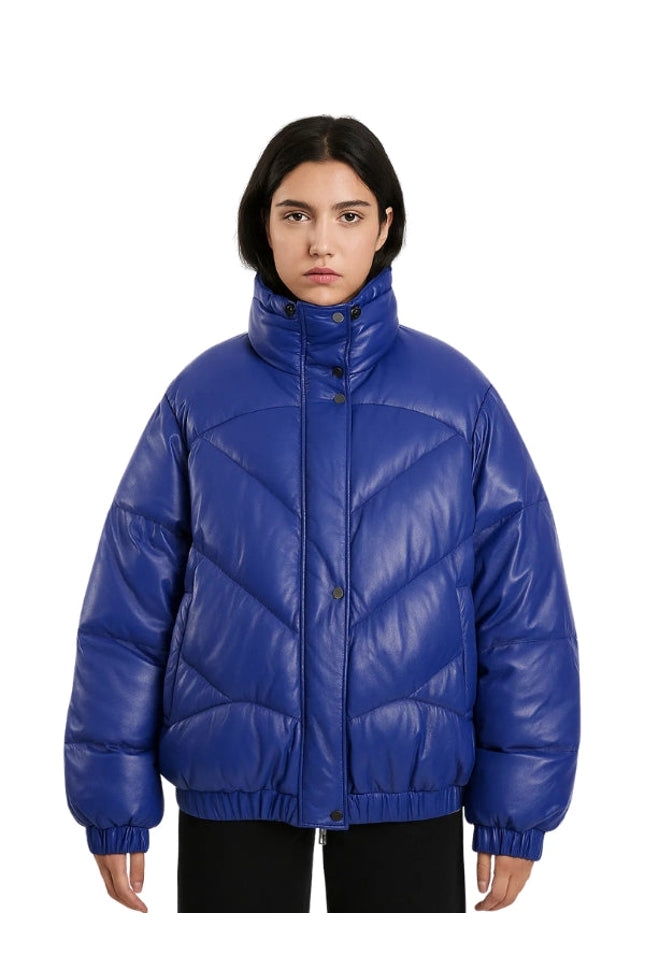 Person wearing a blue puffer jacket on a white background