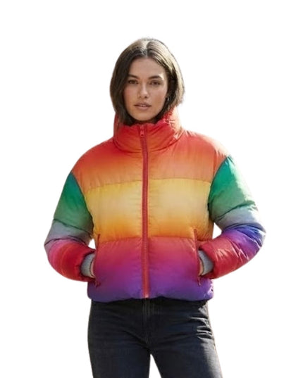 Person wearing a colorful puffer jacket on a white background