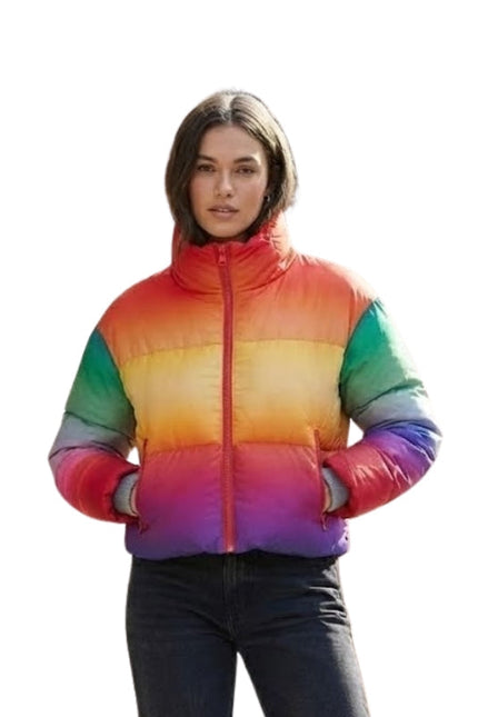 Person wearing a colorful puffer jacket on a white background