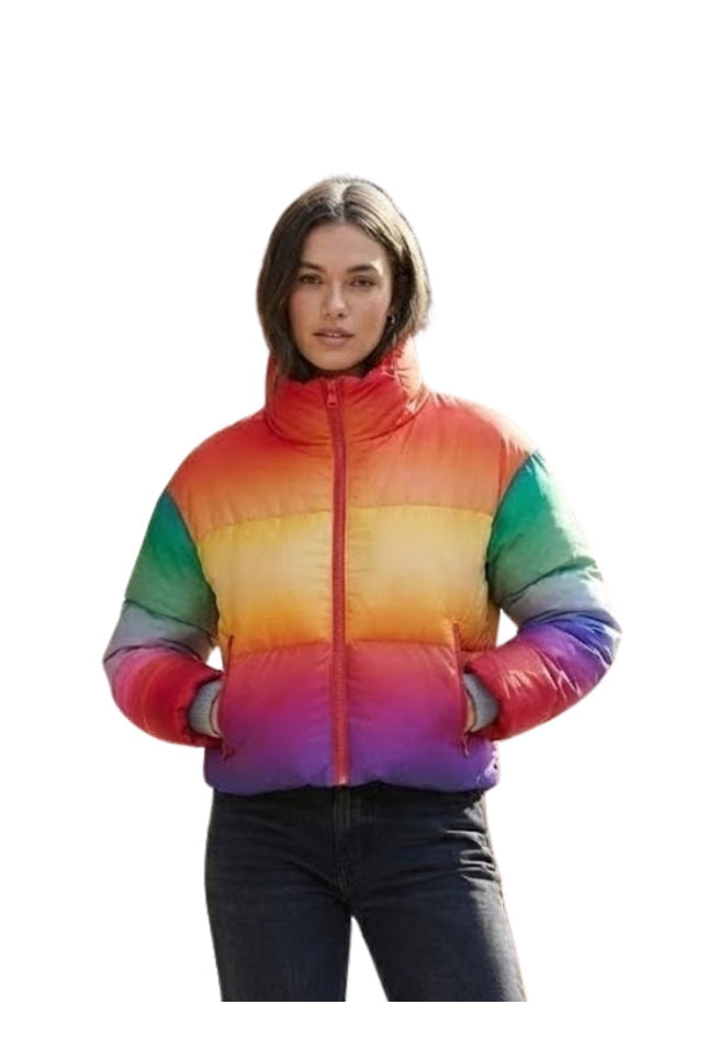 Person wearing a colorful puffer jacket on a white background