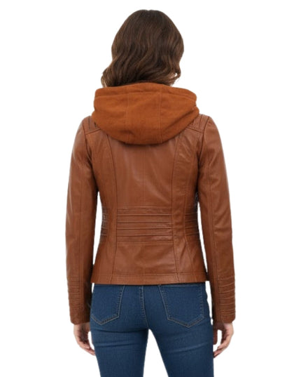 Brown leather jacket with hood worn by a person on a white background