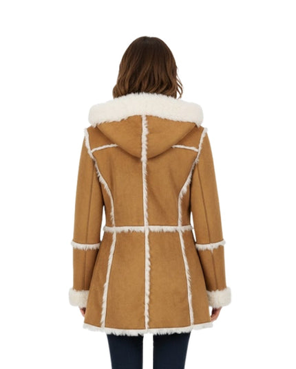 Brown coat with white fur trim on a white background