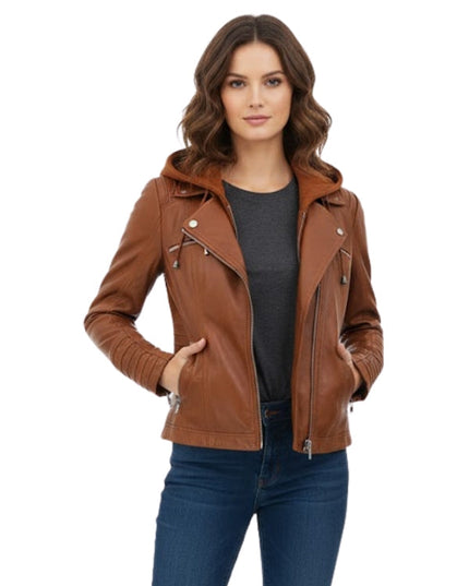 Woman wearing a brown leather jacket on a white background