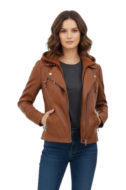 Woman wearing a brown leather jacket on a white background