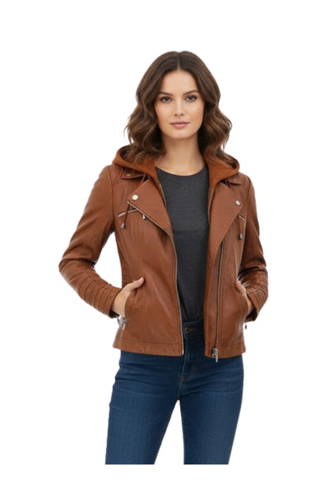 Woman wearing a brown leather jacket on a white background