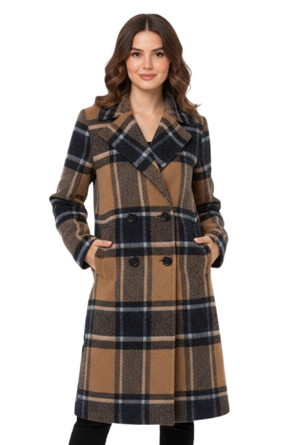 Woman wearing a plaid coat on a white background