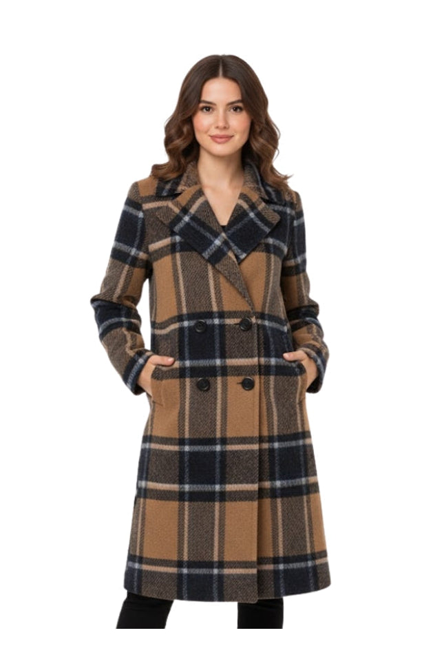 Woman wearing a plaid coat on a white background
