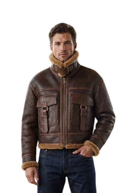 Man wearing a brown leather jacket with fur trim on a white background