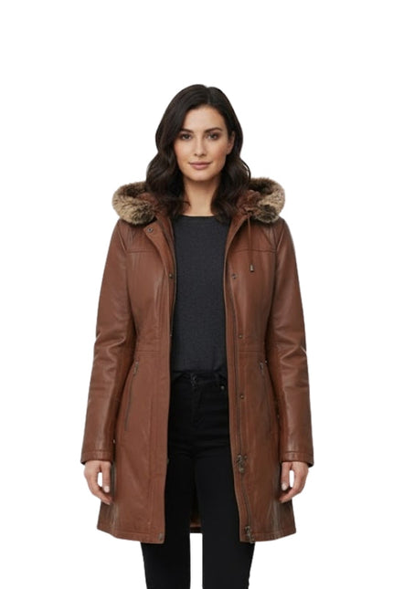 Woman wearing a brown leather coat with fur hood on a white background