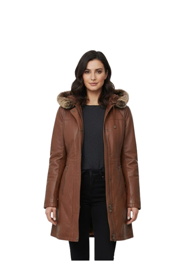 Woman wearing a brown leather coat with fur hood on a white background