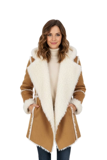 Woman wearing a tan coat with white fur trim on a white background