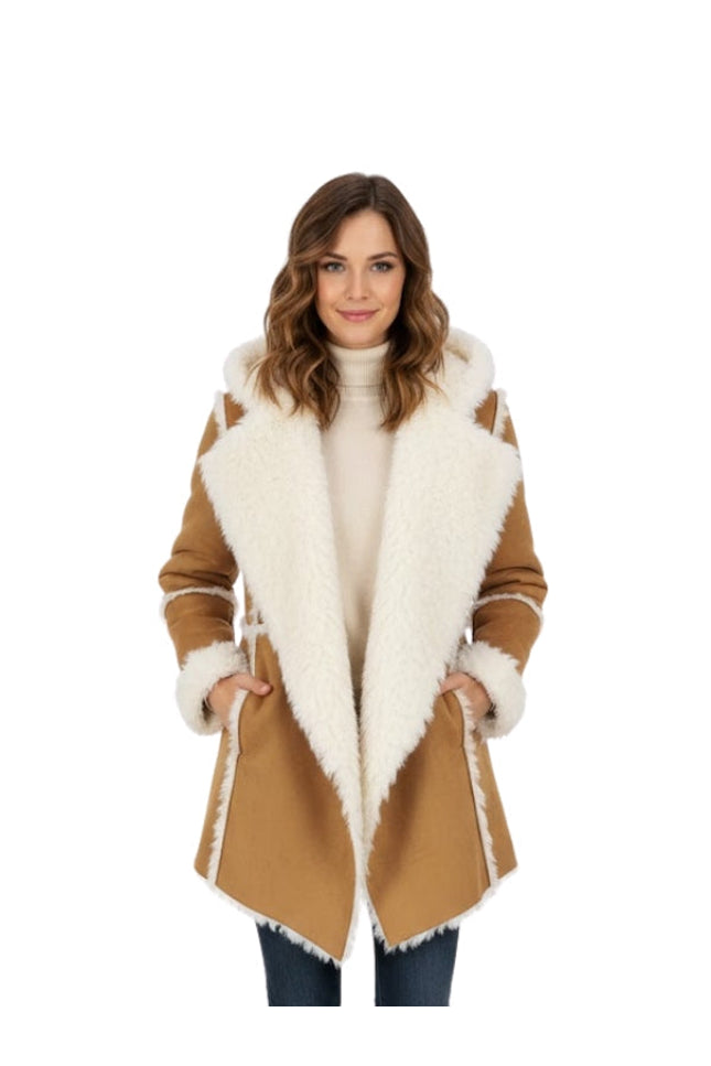 Woman wearing a tan coat with white fur trim on a white background