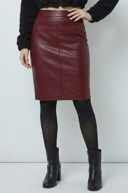 Person wearing a burgundy leather skirt with black tights and boots on a white background