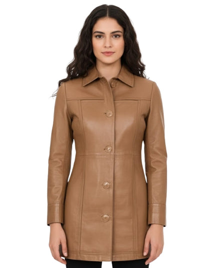 Woman wearing a brown leather jacket on a white background